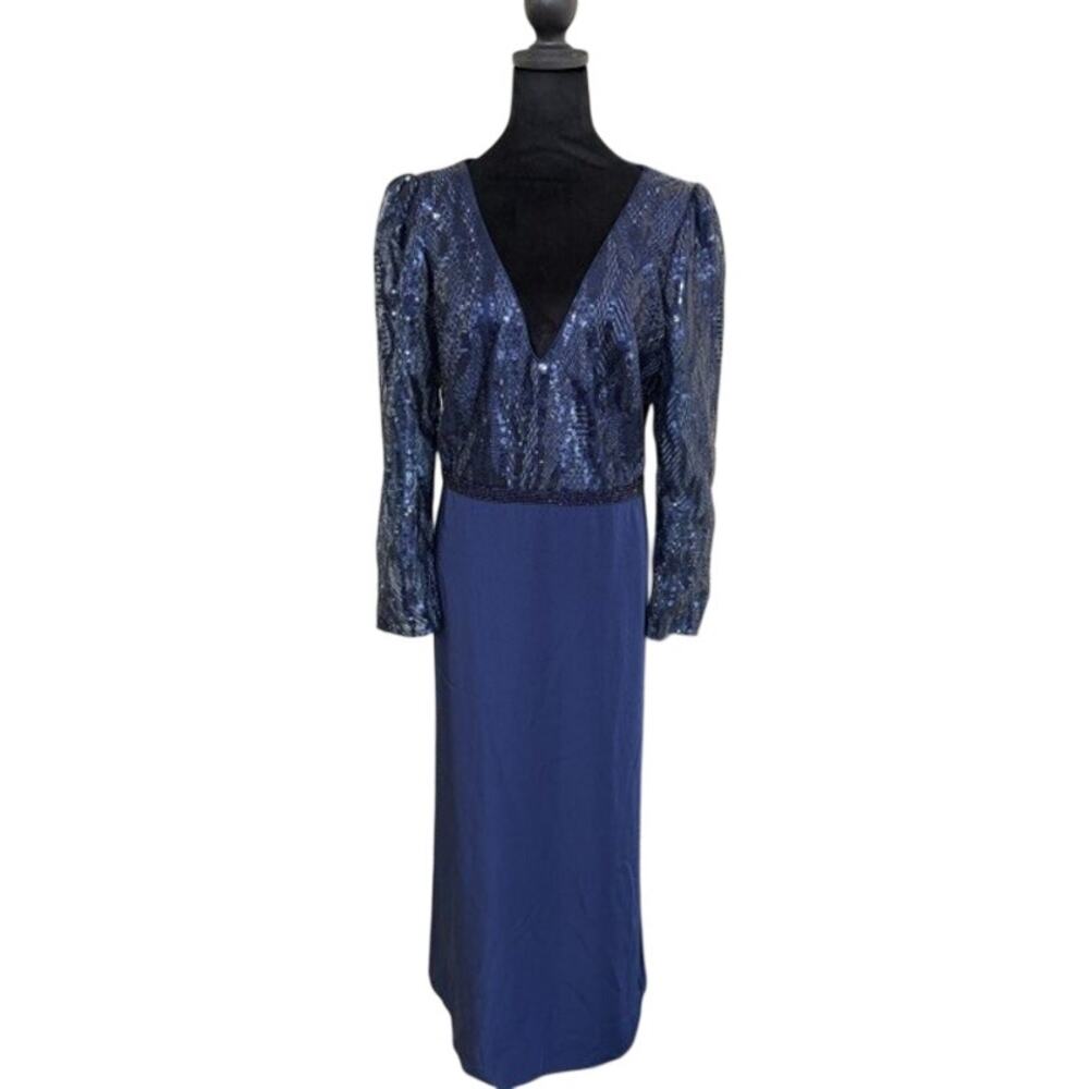 Mac Duggal Gown Maxi Dress Sequin Blue SZ18 Autumn Wedding Special Event Party - Picture 2 of 11